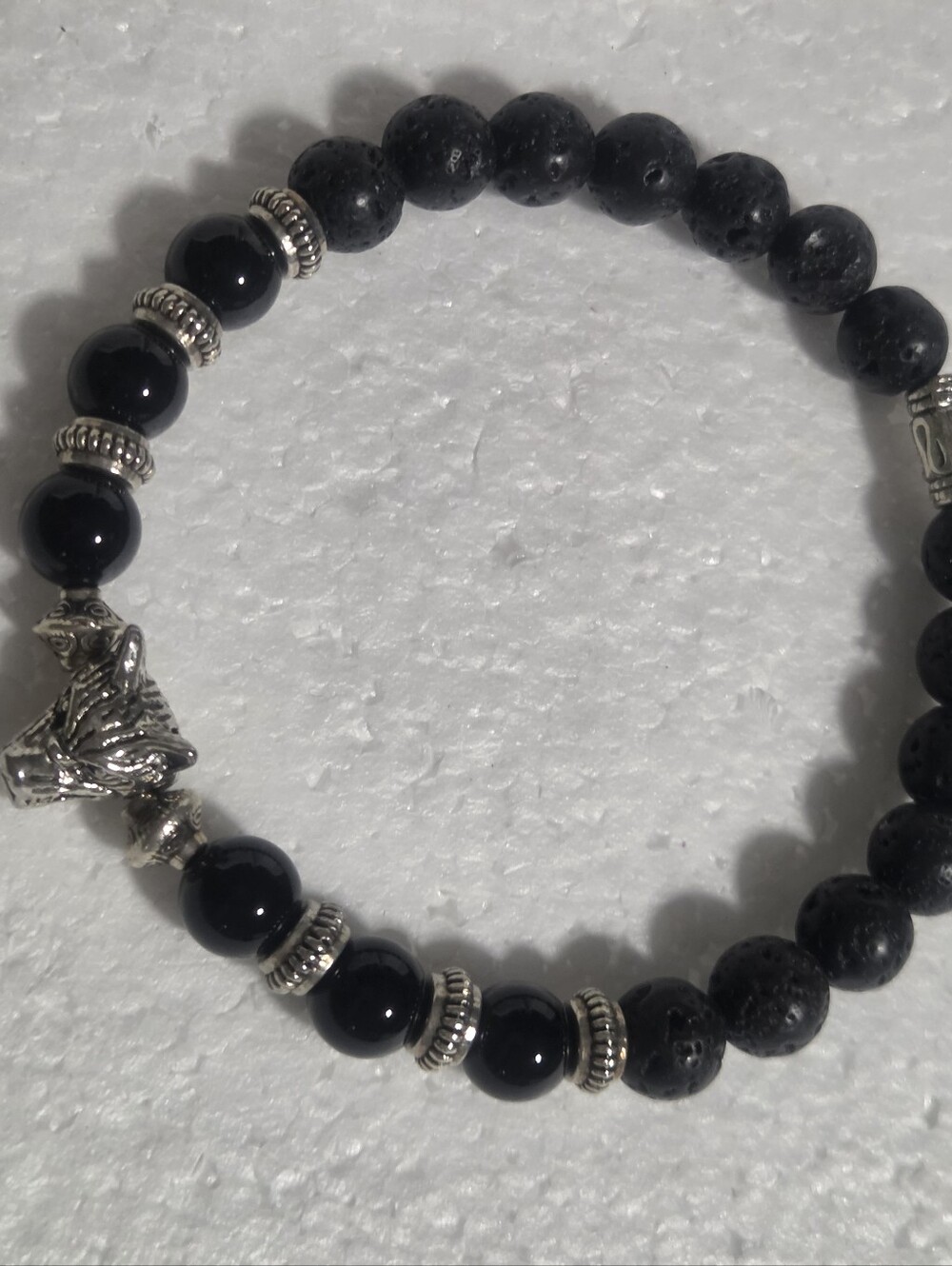 Handcrafted Black Beaded Wolf Head Stretch Bracelet